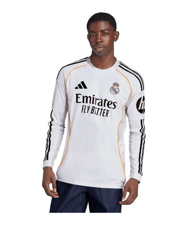 adidas real madrid langærmet hjemmebanetrøje 20252026 hvid